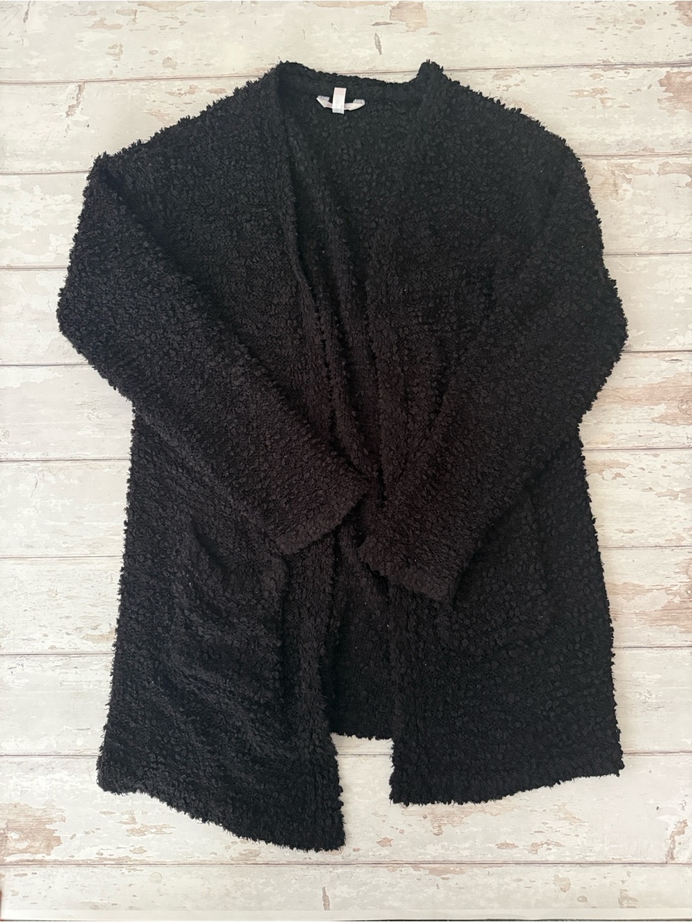 Womenโs L/G Black Open Front Cardigan Sweater Fluffy No Boundaries Size Large